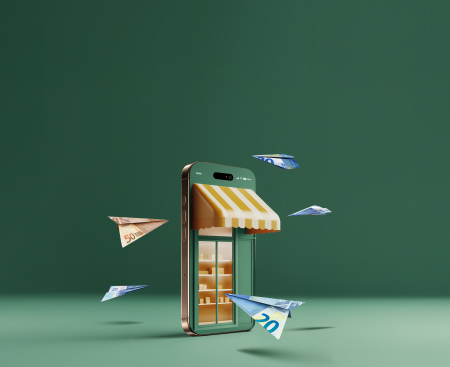 people 5 Representació conceptual d'un comerç electrònic sobre un fons verd. Un telèfon intel·ligent simula una botiga física amb un tendal de ratlles grogues i blanques i prestatgeries il·luminades al seu interior. Avions de paper fets amb bitllets de 20 i 50 euros volen al voltant del dispositiu.