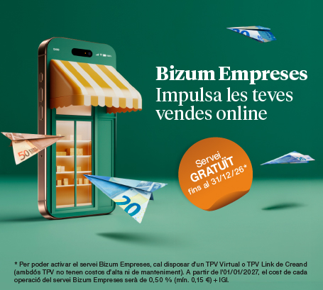 Anunci per a "Bizum Empreses" amb el missatge "Impulsa les teves vendes online". Mostra un smartphone amb una botiga virtual i un tendal de ratlles grogues i blanques, envoltat d'avions de paper fets amb bitllets d'euro (20€ i 50€). Hi ha un cercle taronja que destaca: "Servei GRATUÏT fins al 31/12/26*". La nota a peu d'imatge indica: "*Per poder activar el servei Bizum Empreses, cal disposar d'un TPV Virtual o TPV Link de Creand (ambdós TPV no tenen costos d'alta ni de manteniment). A partir de l'01/01/2027, el cost de cada operació del servei Bizum Empreses serà de 0,50 % (mín. 0,15 €) + IGI."