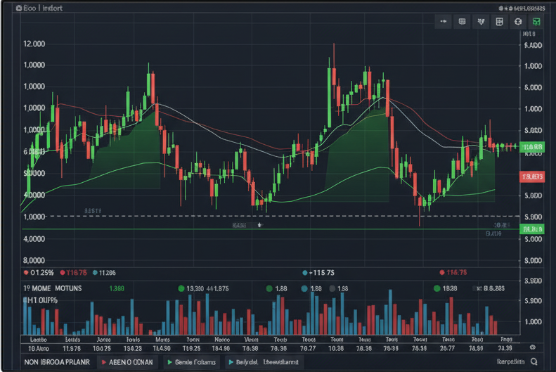 JovesCreand 4 Un gràfic financer en mode fosc que mostra dades d'espelmes borsàries o de criptomonedes, amb tendències recents i barres de volum.