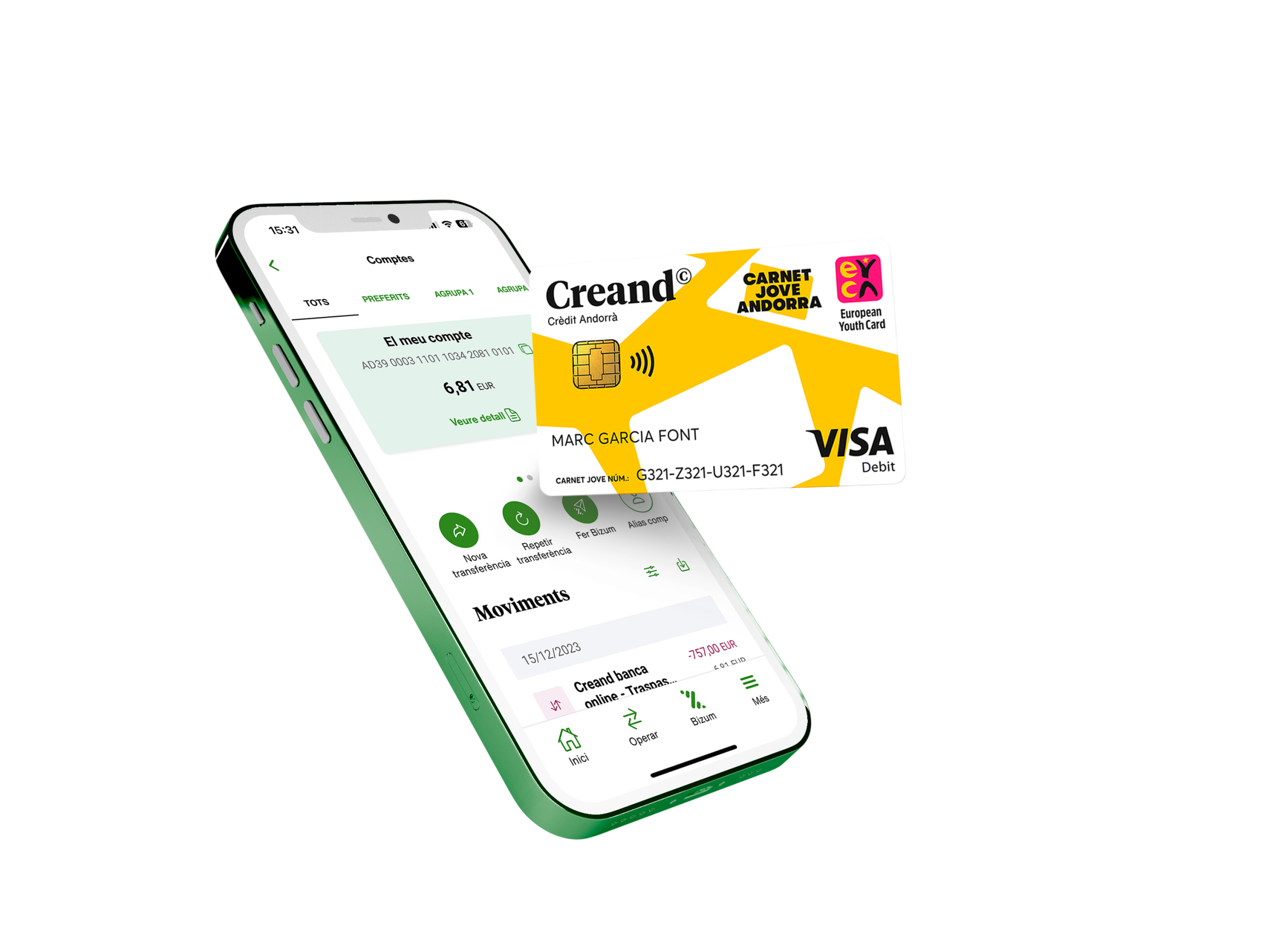 JovesCreand 2 Un telèfon intel·ligent que mostra una aplicació de banca mòbil amb un saldo baix de 6,81 EUR, al costat d'una targeta Visa Dèbit Creand Credit Andorra groga.