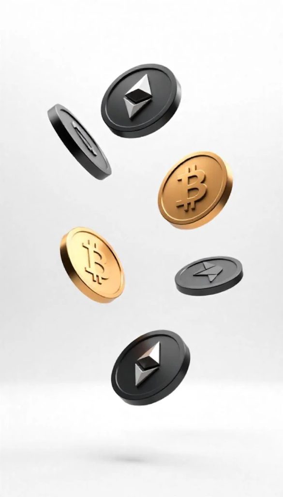 JovesCreand 3 Tres monedes de Bitcoin (B) daurades i tres monedes d'Ethereum (símbol d'Ethereum) negres flotant sobre un fons blanc.